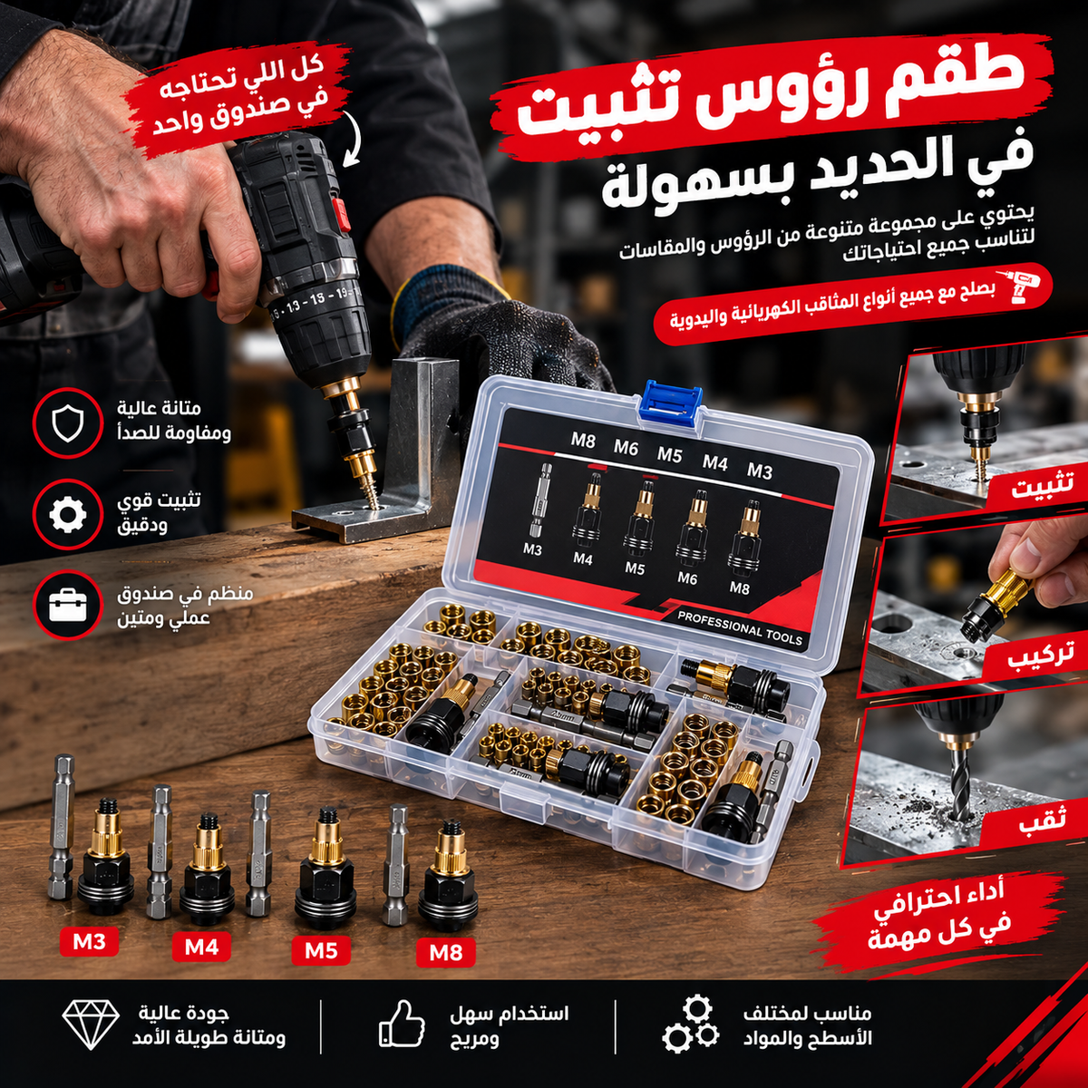 طقم رؤوس تثبيت صواميل البرشام للدريل (50 صامولة)