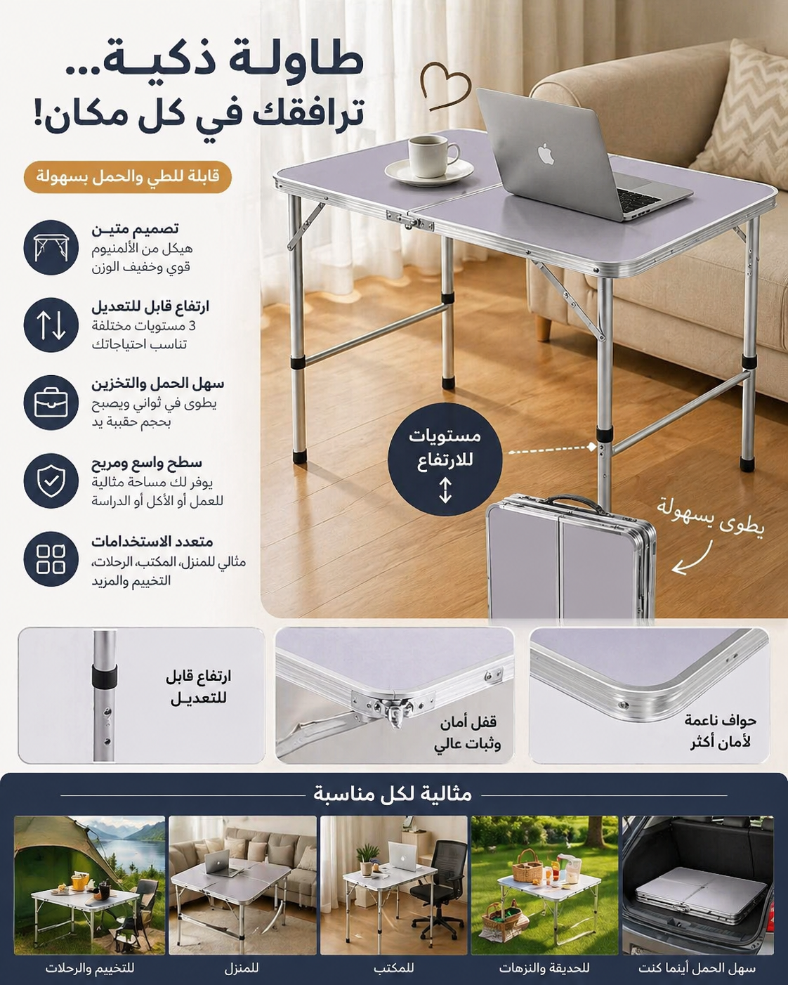 طاولة محمولة قابلة للطي من الألومنيوم  💼