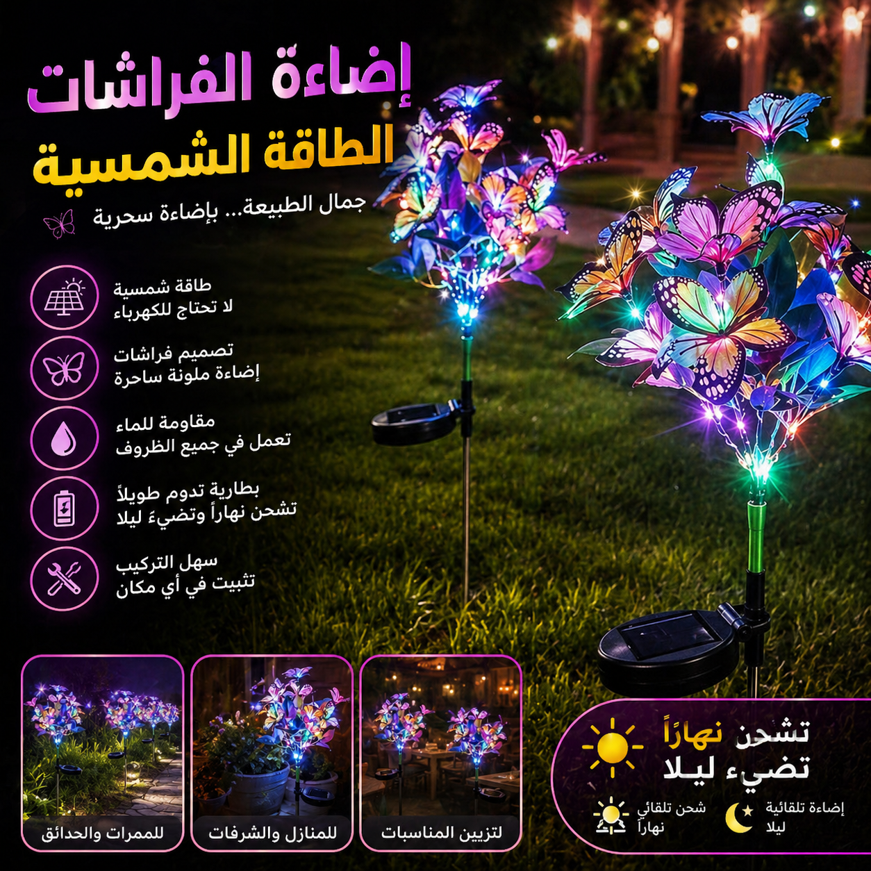 مصابيح حديقة الفراشات التي تعمل بالطاقة الشمسية