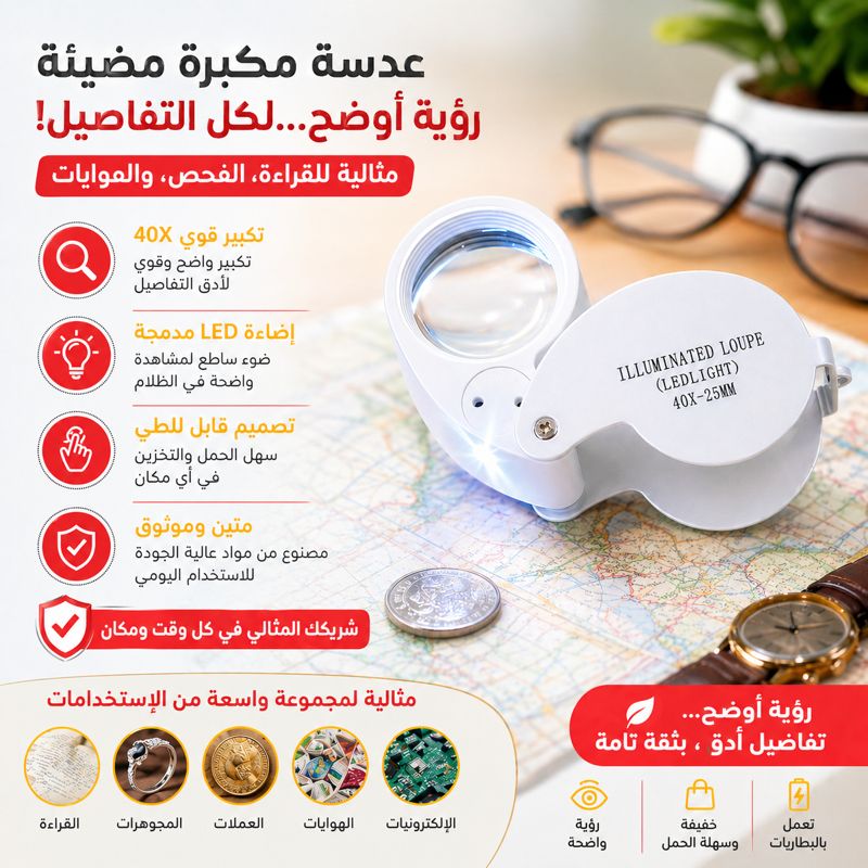عدسة مكبرة للمجوهرات بقوة تكبير 40x مزودة بإضاءة LED