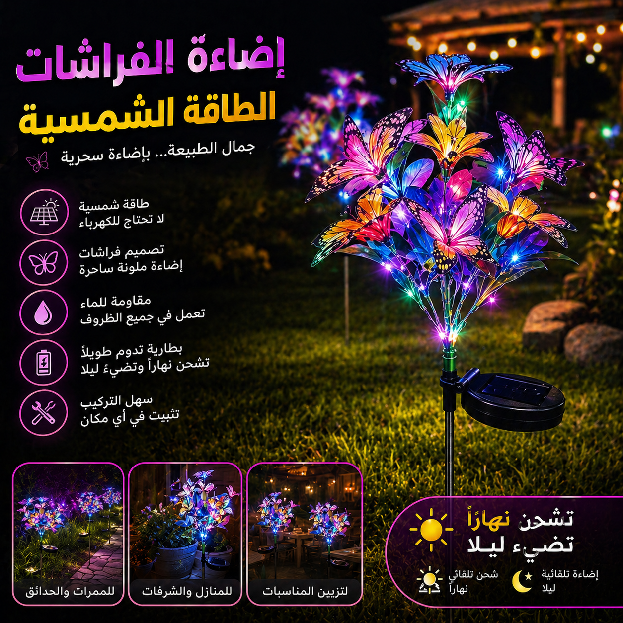 مصابيح حديقة الفراشات التي تعمل بالطاقة الشمسية